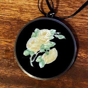 Vintage  Sterling Guilloche Mirror - Black Enamel, Yellow Roses signed F&B